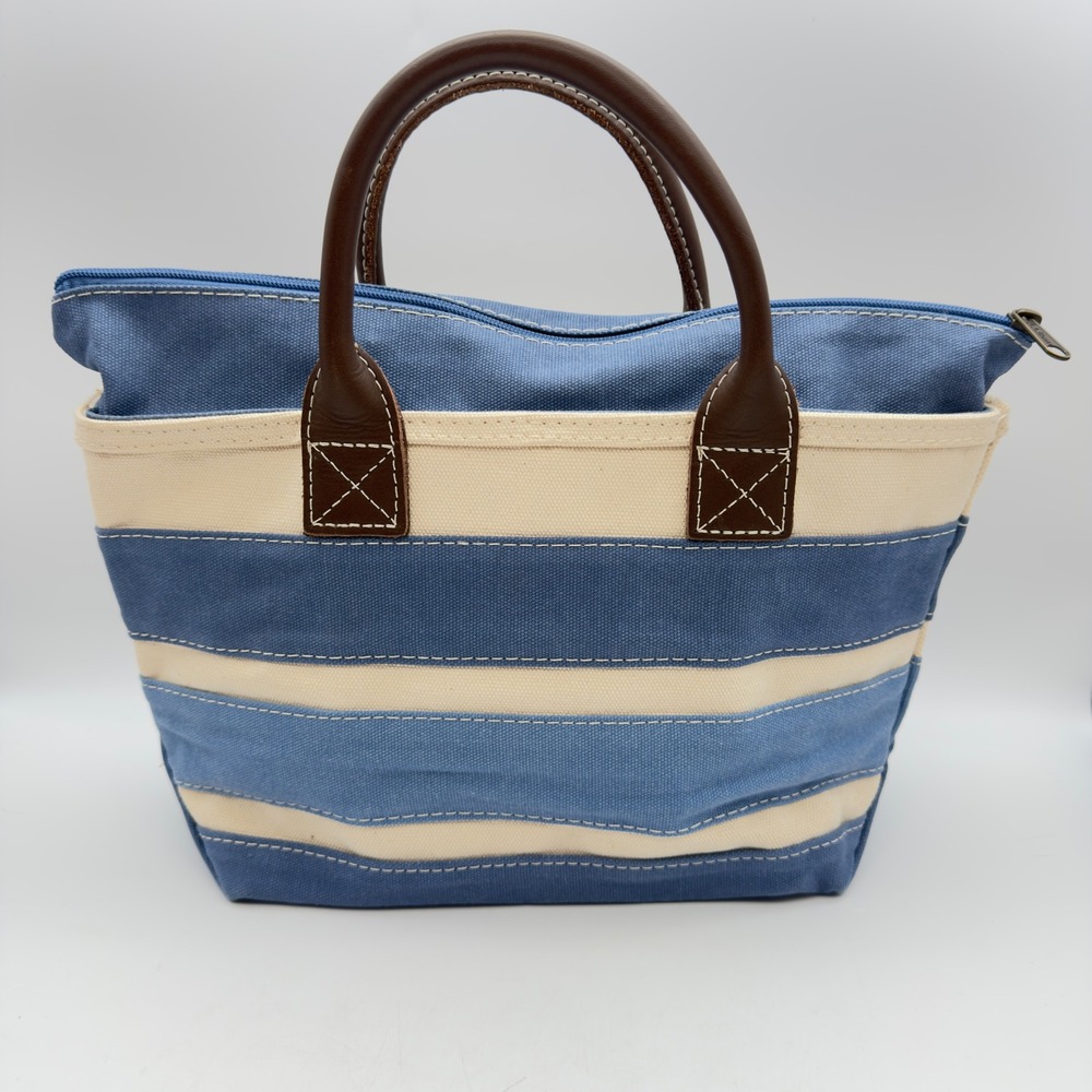LL Bean Boat and Tote Zip Top Canvas Bag Blue White Stripe Yellow Dog Leather - Picture 2 of 7